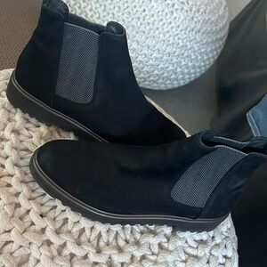 Paul Green lightly worn black suede booties with herringbone plaid cloth accent